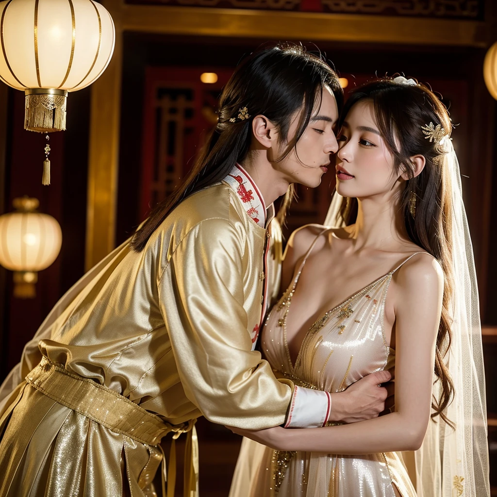 ((Highest quality)), ((masterpiece)), (detailed), (Perfect Face)、The woman is Ogiso Setsuna, with light brown, medium-long hair and a gorgeous, glittering, long-slit Chinese dress with gold embroidery and trim.、The woman and the middle-aged Chinese man embrace each other, kiss each other in vows, and are happily married at a luxurious Chinese wedding venue.