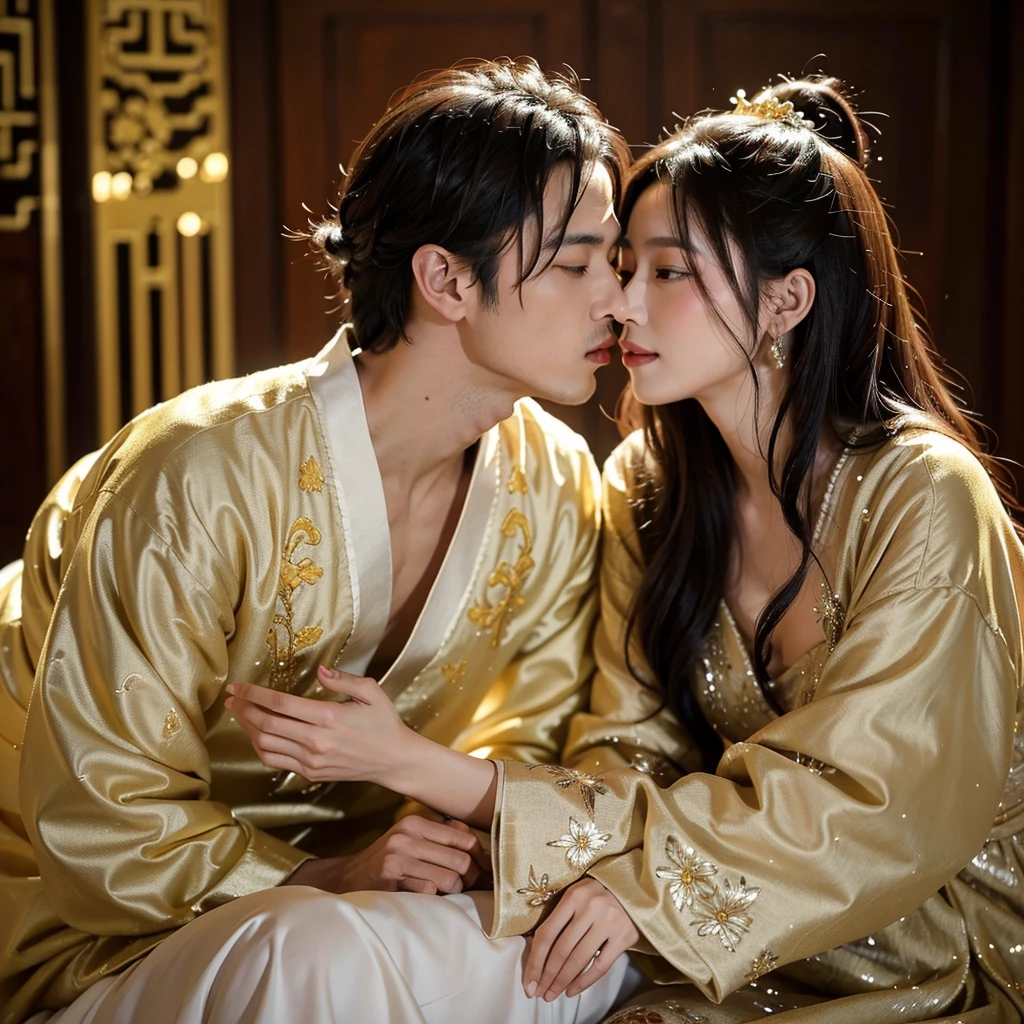 ((Highest quality)), ((masterpiece)), (detailed), （Perfect Face）、The woman is Ogiso Setsuna, with light brown, medium-long hair and a gorgeous, glittering, long-slit Chinese dress with gold embroidery and trim.、The woman and the middle-aged Chinese man embrace each other, kiss each other in vows, and are happily married at a luxurious Chinese wedding venue.