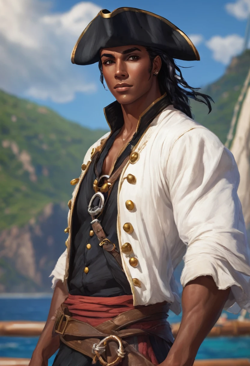 A young pirate with a muscular physique and tanned dark skin. Strikingly white short hair fluttering in the wind. Beautiful young pleasant face. He's dressed in a pirate outfit, consisting of a white shirt with rolled up sleeves, dark brown vest, decorated with gold buttons and epaulettes, and dark brown trousers. He also wears a brown leather belt with various pouches and sword sheaths.. He has nice high boots on his feet. He stands on the deck of a pirate ship at the helm. Lightning flashes and thunder thunders behind.