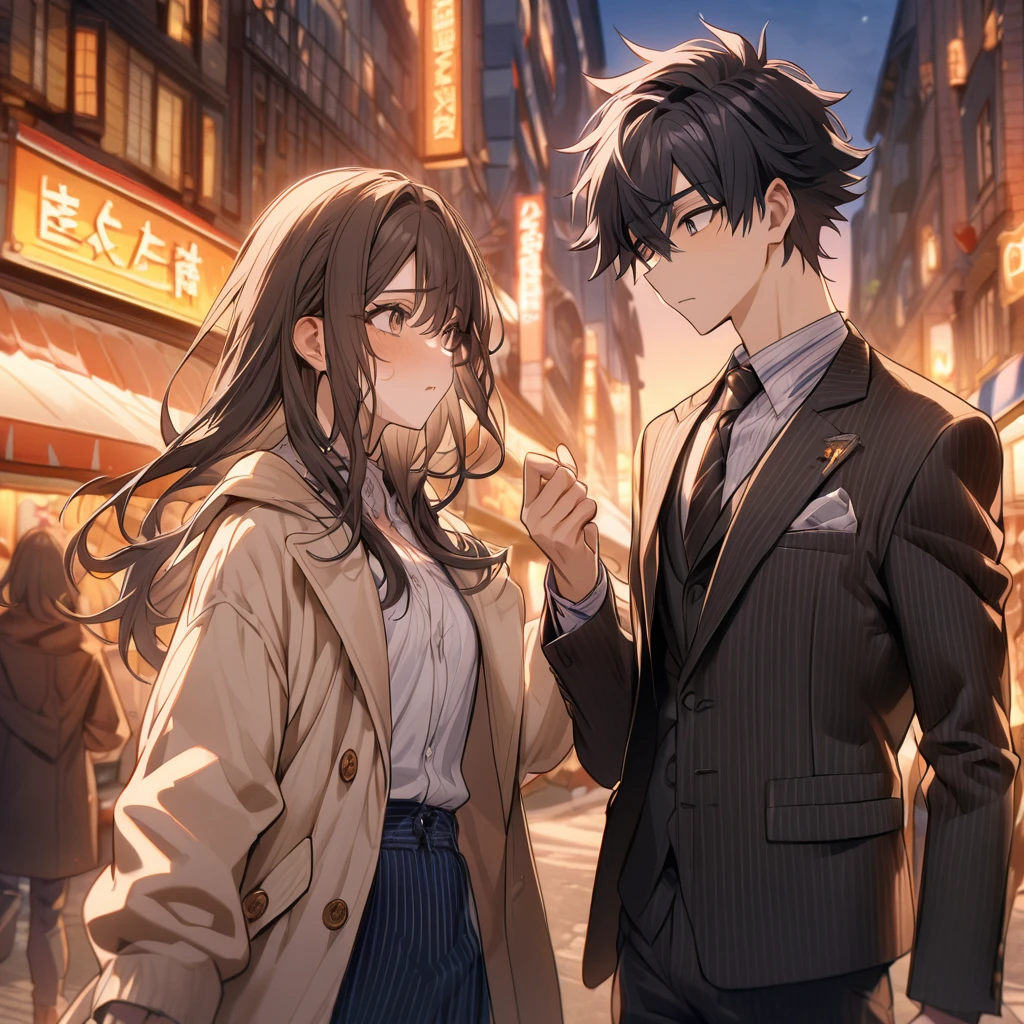 2 men, 1 person wearing a black suit, black hair, light yellow skin, strong body，Have muscles，dark colored eyes，(very cool) ，1 teen 18 years old brown hair very light skin brown eyes(teenage college students，feeling shy) , best quality,  Detail background(City Streets),night(There is a sunset), The two relied on each other to go shopping，Represents a relationship between lovers，harmonious relationship