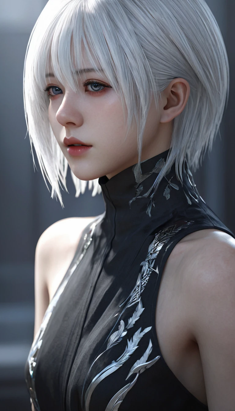 yorha, beautiful android girl, white hair, black dress, detailed face, detailed eyes, detailed lips, extremely detailed, high quality, digital art, hyper detailed, cinematic lighting, dramatic shadows, dramatic colors, sci-fi, futuristic, dystopian, intricate details, photorealistic, 8k, best quality