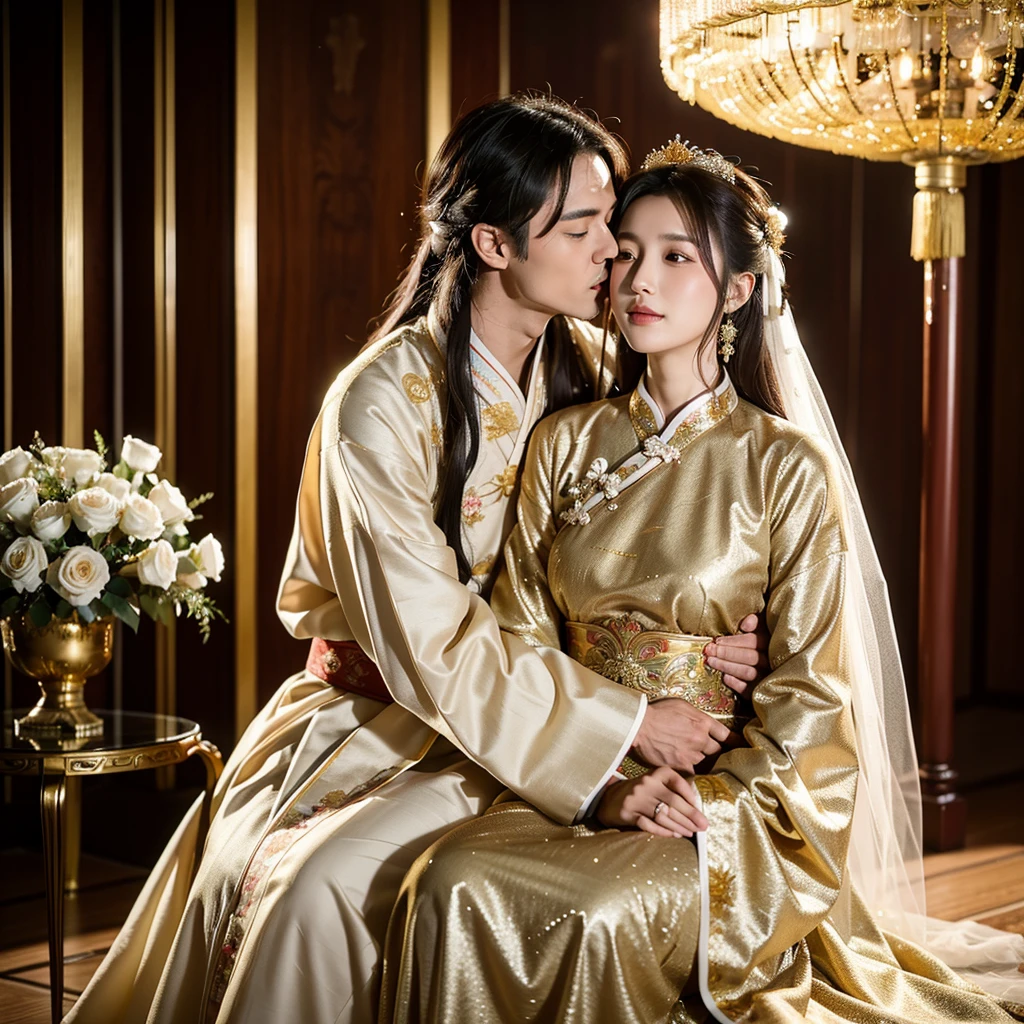((Highest quality)), ((masterpiece)), (detailed), (Perfect Face)、The woman is Ogiso Setsuna, with light brown, medium-long hair and is wearing a gorgeous, glittering Hanfu outfit with gold embroidery and trim.、The woman and the middle-aged Chinese man embrace each other, kiss each other in vows, and are happily married at a luxurious Chinese wedding venue.