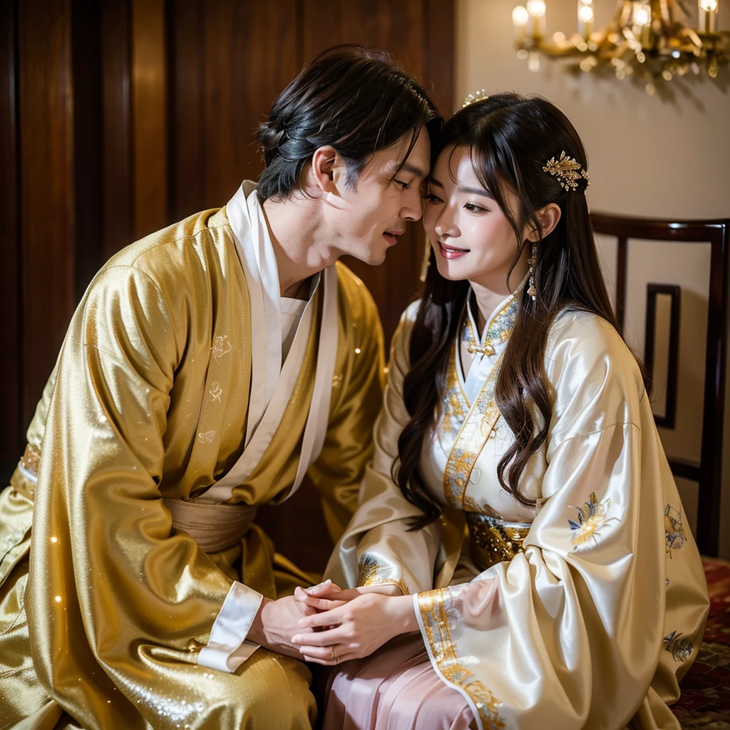 ((Highest quality)), ((masterpiece)), (detailed), (Perfect Face)、The woman is Ogiso Setsuna, with light brown, medium-long hair and is wearing a gorgeous, glittering Hanfu outfit with gold embroidery and trim.、The woman and the middle-aged Chinese man embrace each other, kiss each other in vows, and are happily married at a luxurious Chinese wedding venue.
