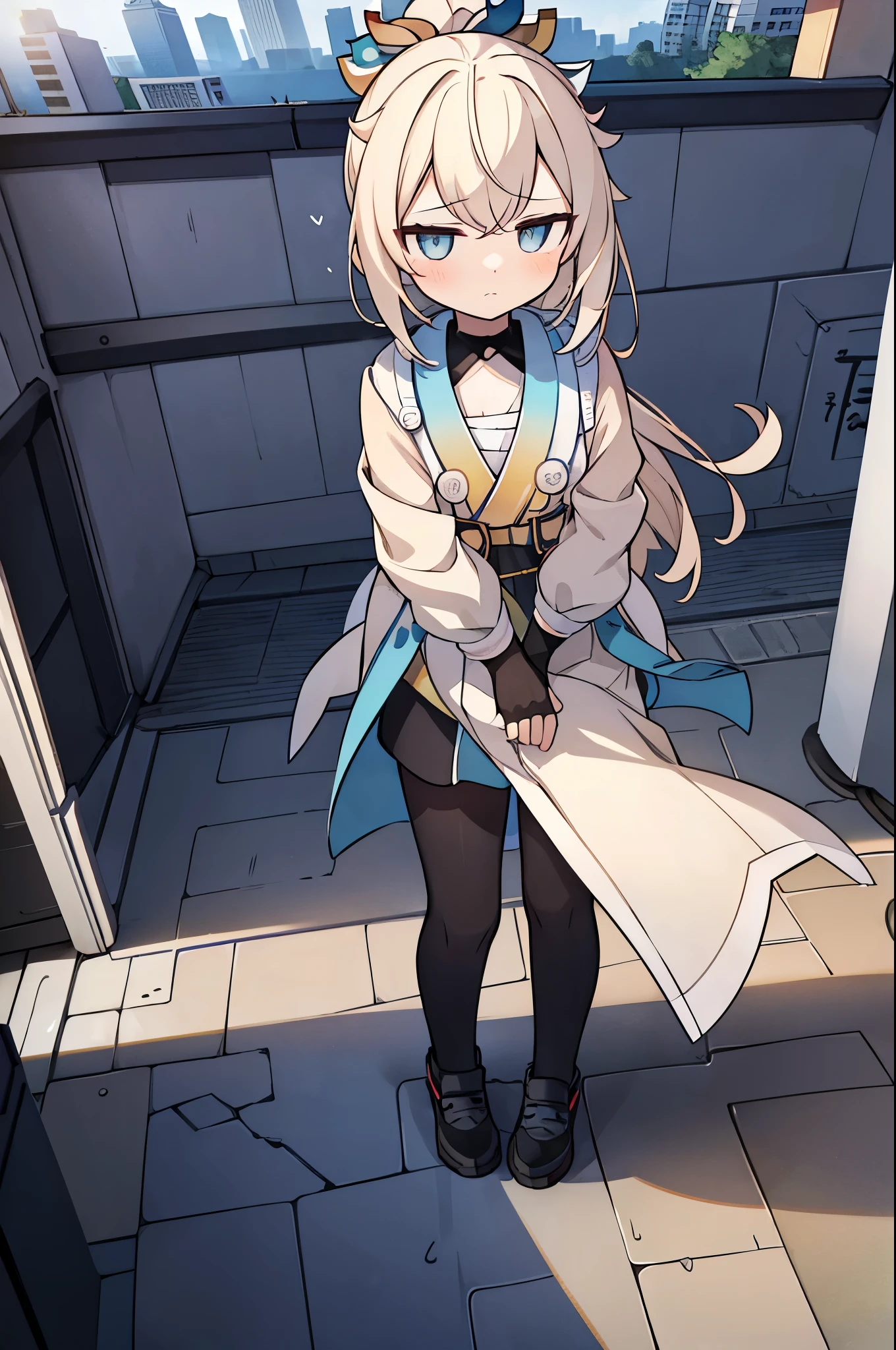 ((kazama iroha)), ((masterpiece)), (High resolution:1.3), (Professional photography:1.2), (ponytail), (Flat Body), Flat Chest, (Highest quality), From above, One girl, alone, (The wind is blowing), signboard, Silky long hair, building, city, cloudy null, crane \(mechanical\), Dutch Angle, Slight frown, View your viewers, Outdoor, rooftop, null, (nullscraper)