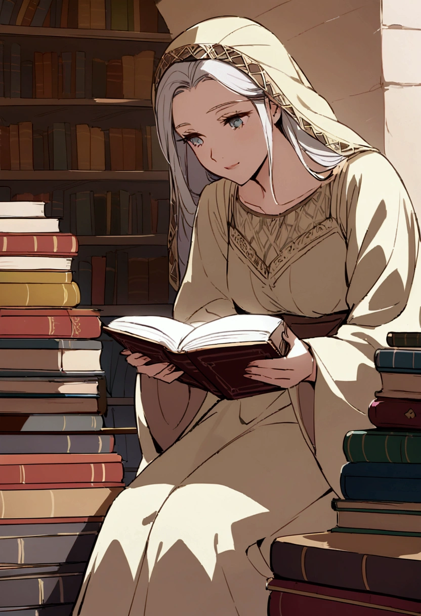 scene for the cover of a modest Caucasian woman in a library reading books buried in the desert sands