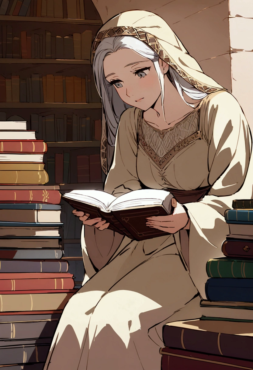 scene for the cover of a modest Caucasian woman in a library reading books buried in the desert sands