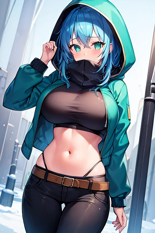 NSFW,masterpiece,Highest quality,High resolution,Very detailed,Sinon\(Sword Art Online\),Hooded parka,Open front clothing,Short-sleeved shirt,Crop top,Shorts,Happy face,bustling street,Restaurant area