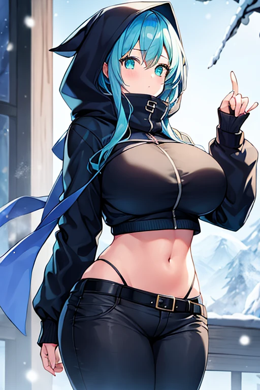1girl, blue hair, medium hair, huge breasts, breasts, green eyes, scarf, covered mouth, jacket, forest, snow, black jacket, hoddie, hooded jacket, hood on, hood up, zipper, gloves, glowing hair, glowing eyes, light blue hair, sky blue hair, night sky, sky, stars, pants, tall, hourglass figure, mature female, thick thighs, pants, belt, long pants, bikini top, bikini, strap