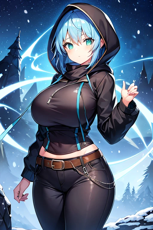 1girl, blue hair, medium hair, huge breasts, breasts, green eyes, scarf, covered mouth, jacket, forest, snow, black jacket, hoddie, hooded jacket, hood on, hood up, zipper, gloves, glowing hair, glowing eyes, light blue hair, sky blue hair, night sky, sky, stars, pants, tall, hourglass figure, mature female, thick thighs, pants, belt, long pants, bikini top, strap