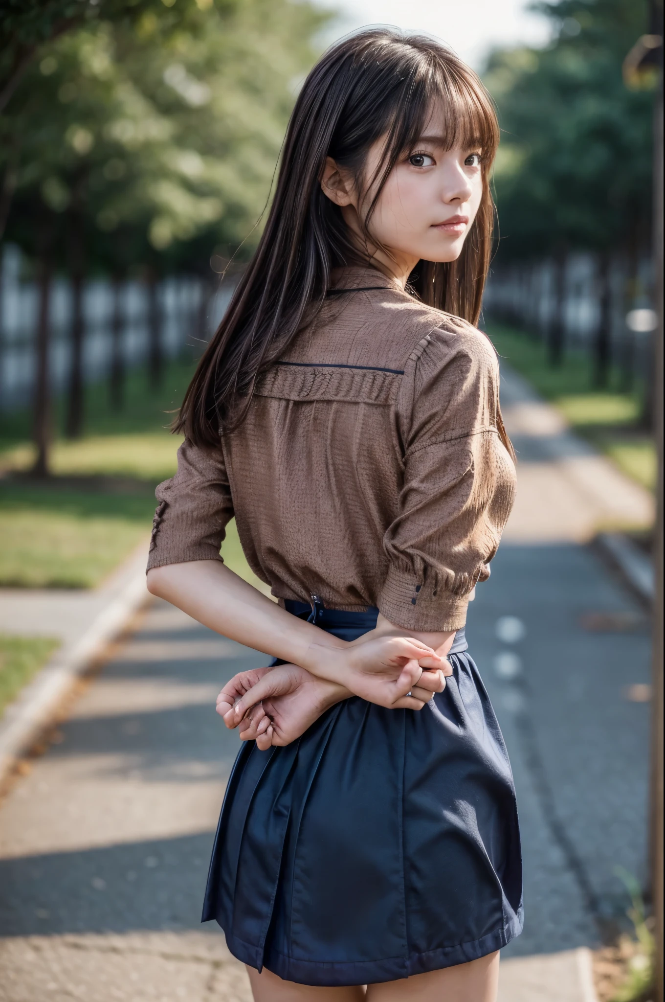 The woman has her hands tied、((Place your hands behind your back))、((Place your hands together and cross them behind your back))、(((Her wrists are tied with rope)))、shibari、beauty、20Year、university student、(anatomicaly, Has two arms and two hands)、Standing on a hill at night、There are a lot of trees、Beautiful night sky、There are many stars、A strong wind is blowing、Wearing a short-sleeved blouse、Wear a high school student-style miniskirt、Uniform eyes、Well-proportioned physique、Small breasts、Small face、(I can see from head to heel), Black Hair, bangs, swept bangs, Straight hair, Nervous, Messy Hair, Floating hair, Cinema Lighting, tachi-e, First-person view, throw, From behind, F/1.2, Nikon, Cowboy Shot, Surrealism, 超High resolution, Highest quality, High resolution, 8k, Textured skin, anatomicaly正しい体,