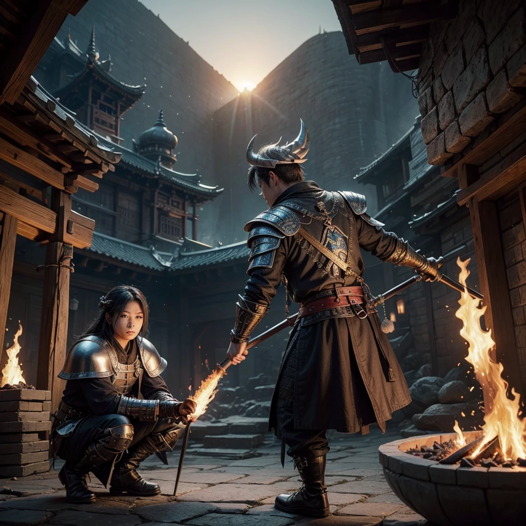 Ceramic Draconic weapon forge, dome of one great head dragon, ingot's pile silver pile in piramid order, flames and coal blazing intro of the forge, City Feudal Chinese in background, old oriental blacksmith holding a beautiful silver lance with hunt red pompom.