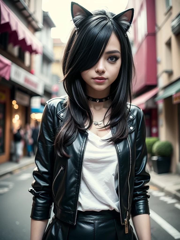 very young slim fit girl, at full height, (rounded face:1.2), very long disheveled dark brown hair, (big brown eyes:1.2), shy smile, perfect flat breast, band on head with fake cat ears, parororo, eyelashes, ariawm, accurate snub nose, (very long strand of hair between eyes:1.3), wearing a studded leather jacket and tulle skirt, with dramatic makeup, summer street, old city, hair over one eye