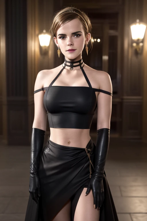 photo of Emma Watson, masterpiece, best quality, highres, aayorf, sidelocks, gold hairband, hair ornament, red eyes, gold earring, large breasts, choker, bare shoulders, black dress, two-sided dress, fingerless gloves, thigh boots, cowboy shot, standing, looking at viewer, outdoors, night, (((midriff exposed)))