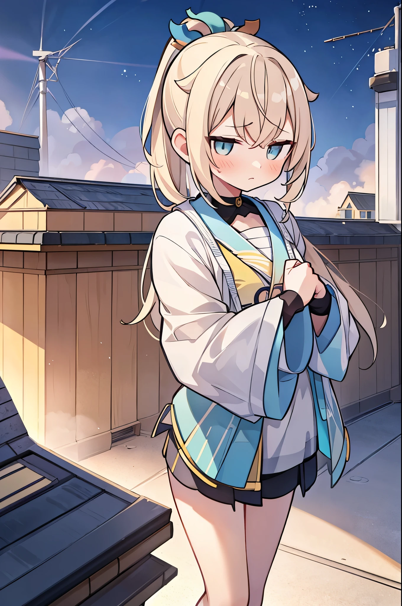 ((kazama iroha)), ((masterpiece)), (High resolution:1.3), (Professional photography:1.2), (ponytail), (Flat Body), Flat Chest, (Highest quality), From above, One girl, alone, (The wind is blowing), signboard, Silky long hair, building, city, cloudy null, crane \(mechanical\), Dutch Angle, Slight frown, View your viewers, Outdoor, rooftop, null, (nullscraper)