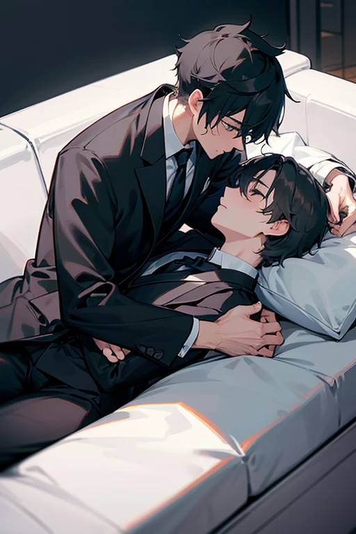 male、2人のmale、maleとmale、On the sofa、ソファで寝る2人のmale、Being pushed down、Expressionless、Embrace each other、Three white eyeale性、Short Hair、adult、2人のadult、大柄のmale、university student、adultのmale、大きなmale、suspicious、sex appeal、Exposed bare skin、Black clothes、suit、shirt、Press your body against each other、cold、straddle the body