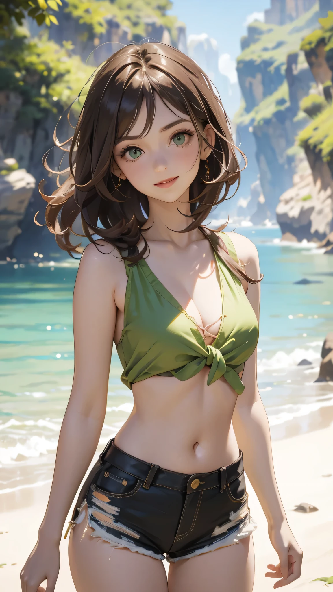 very detailed background, mesa, Best Quality, 1 woman, Alone, ((mesa, Best Quality)),better aesthetics, eye shadows, Wavy Brown hair, green eyes, loose hair , smile, by the wide, looking at the viewer, medium breasts, Brown hair, ripped red top, ripped shorts