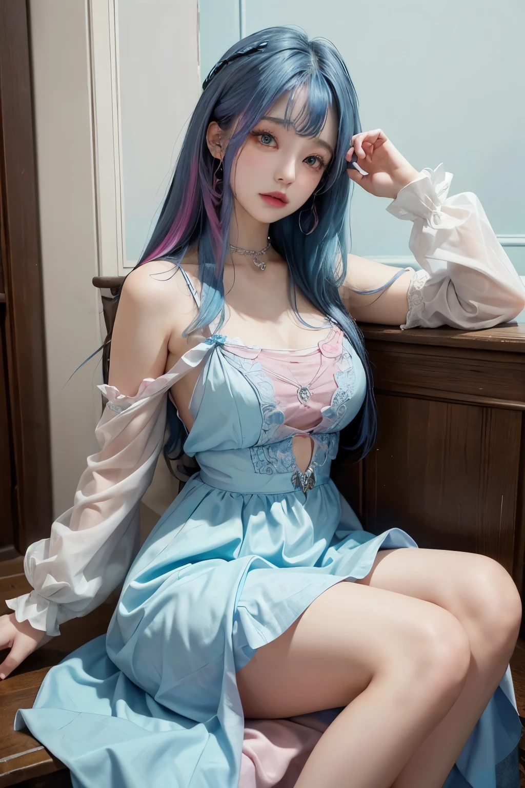 (masterpiece, best quality), woman, phlg, blue hair, pink highlight, dress, bangs