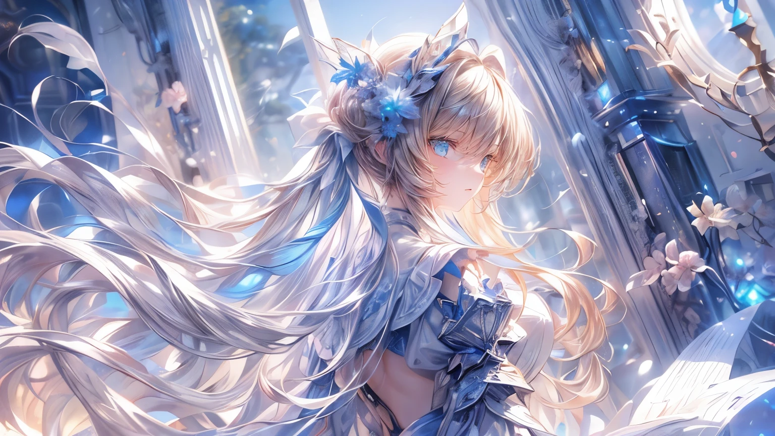 ((super detailed),sky background,beautiful clouds,The light from the back window is backlit.,element,Watercolor pattern in calm colors),(watercolor texture), ((1 girl),long gray hair,blonde hair,blue eyes,adorable,Angelic),light smile,lolita prostitute,best image quality
