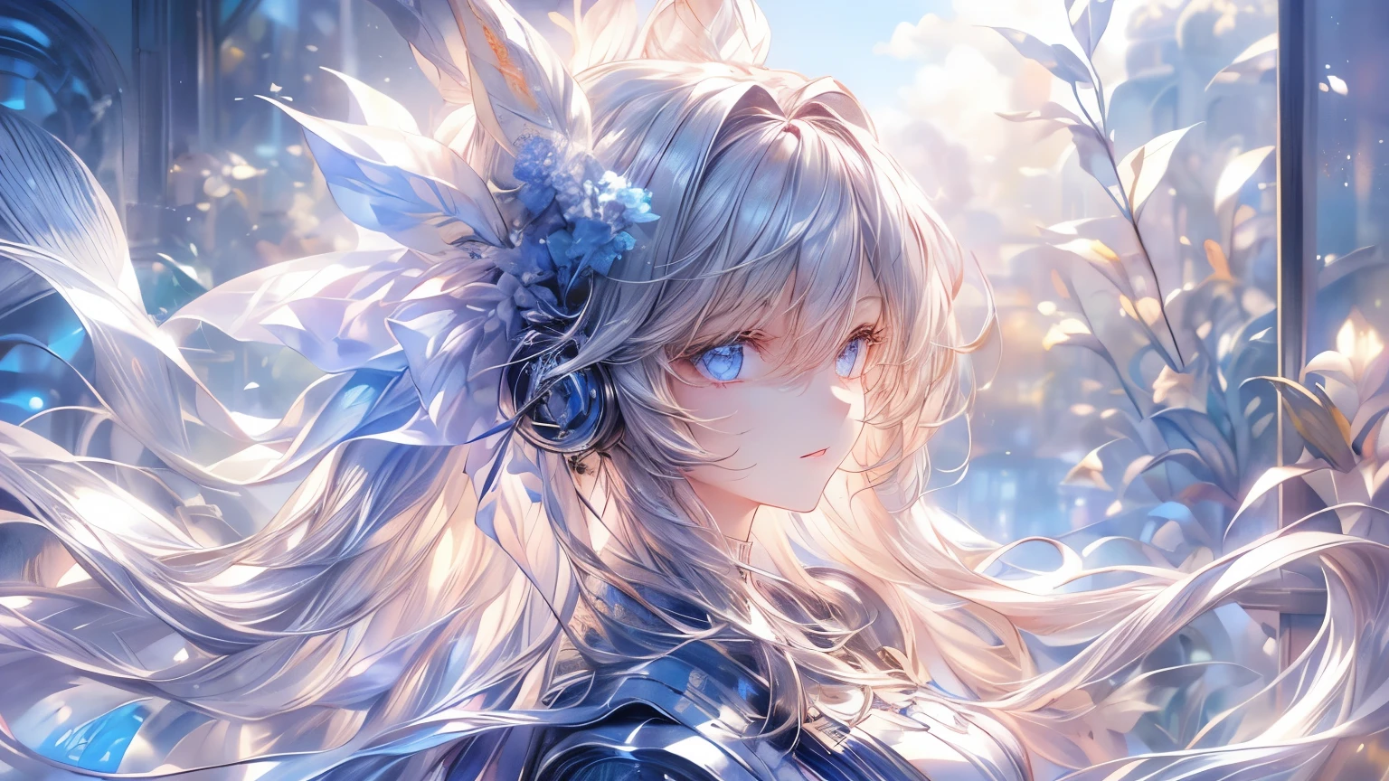 ((super detailed),sky background,beautiful clouds,The light from the back window is backlit.,element,Watercolor pattern in calm colors),(watercolor texture), ((1 girl),long gray hair,blonde hair,blue eyes,adorable,Angelic),light smile,lolita prostitute,best image quality
