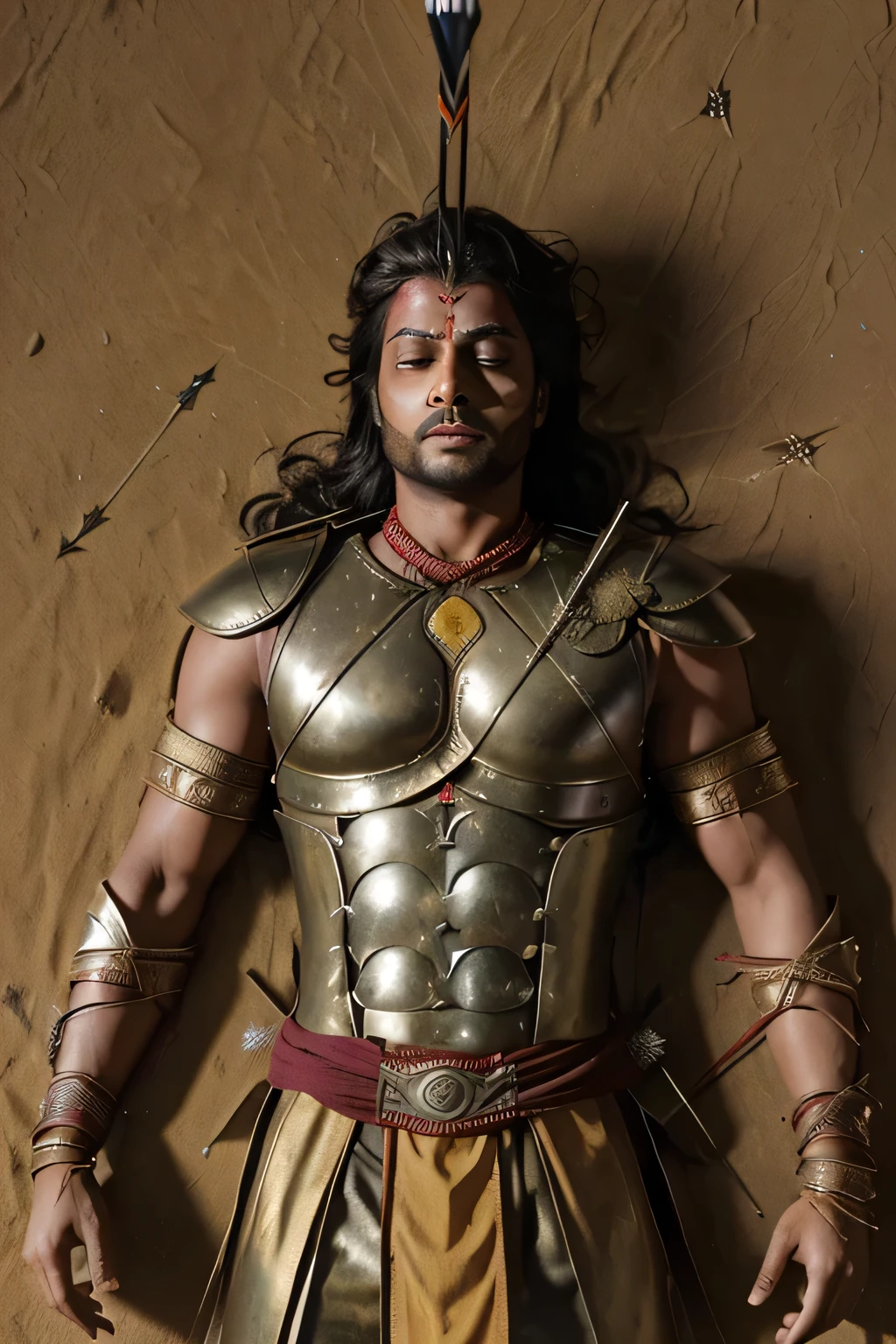 In the ((battlefield ))of ((Mahabharat)) ((ancient man warrior karna)) in ((warrior suit)), helpless , got killed ,((one arrow has been shot on his neck)) ,((dying on the battlefield of kurukshetra)), where all over blood stains are there, his body is bleeding all over by the shot of arrows Arrow ((death scene )) with close eyes , lay down on the battlefield