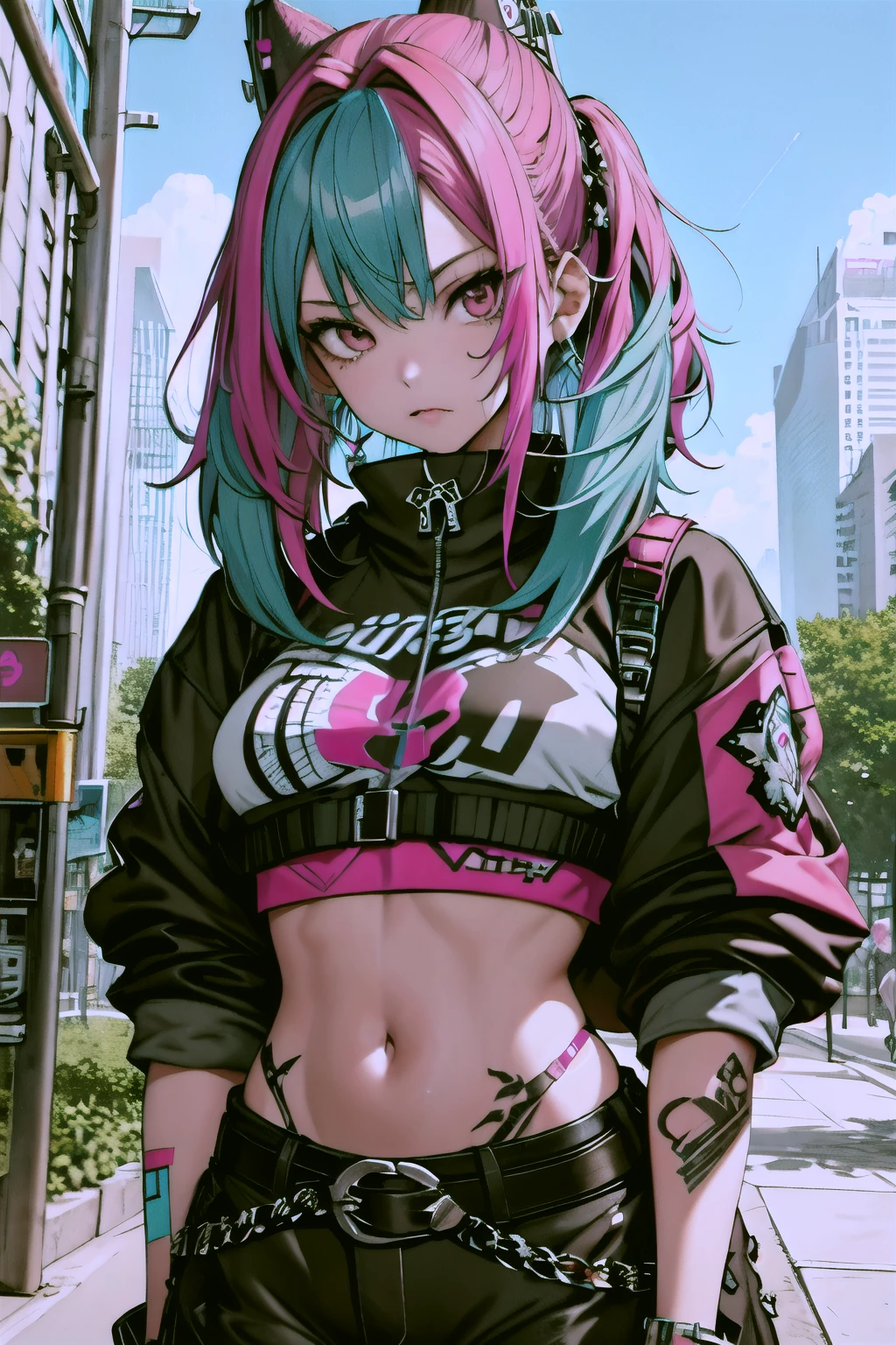 (masterpiece, best quality), 1girl, phlg, blue hair, pink highlight, outdoors, park, punk, punk crop top, belts, facing viewer, tattoos