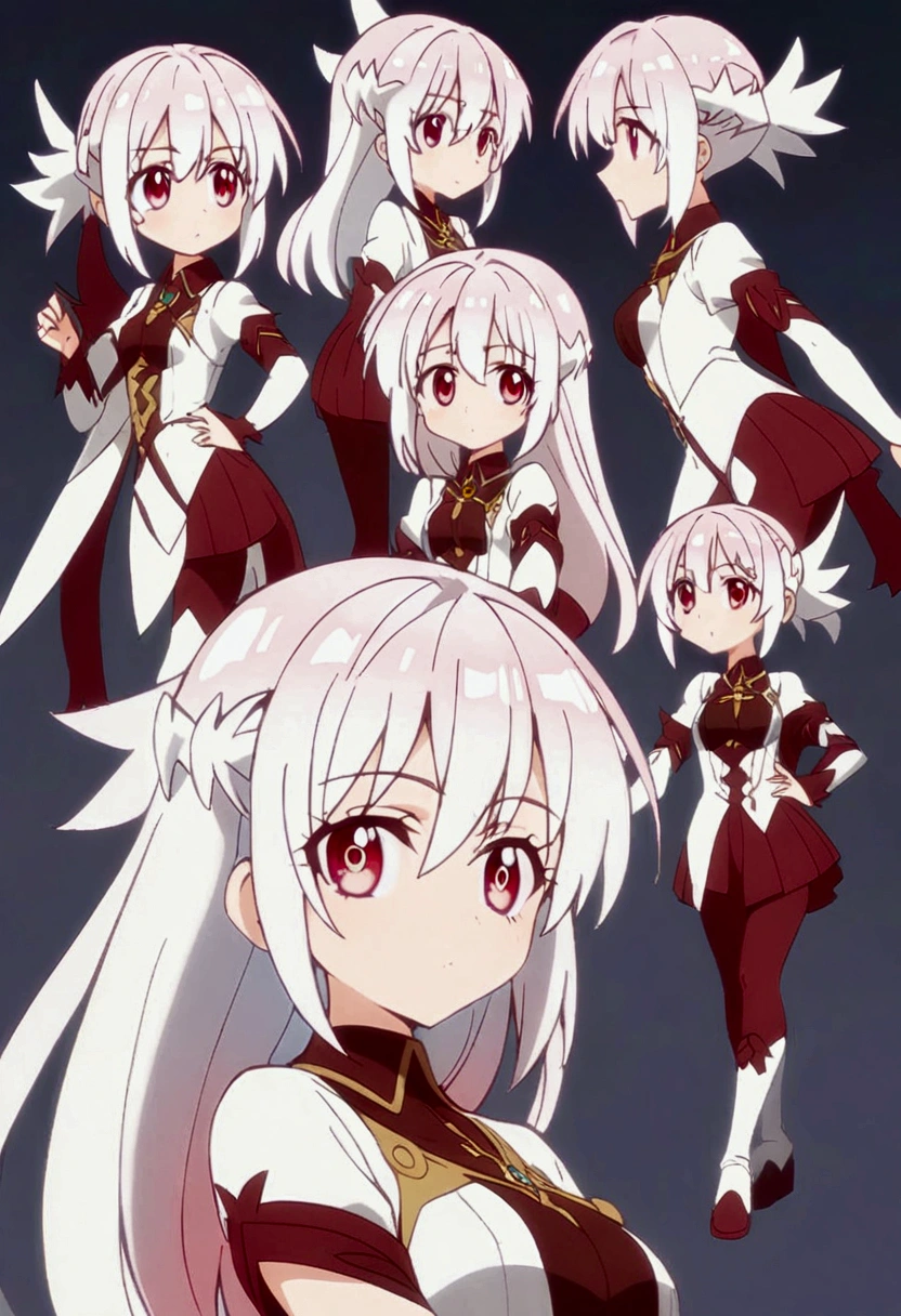 Cute anime girl,cool pose, white hair, red eyes, spiky hair com mechas pra cima, character design