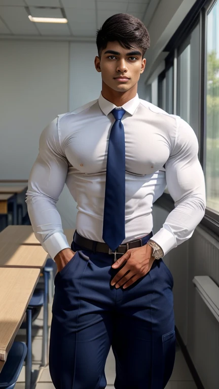 18 years old indian school boy with small beard mascular dark skin jaat with spiky hairstyle in , head to thighs, indian school boy, beautiful eyes, large lips, volumeric light, wearing opened white shirt with tight-fitting trouser and navy tie , huge bulge, muscular chest, long legs, left neck look, Wide shoulders, nice detailed hands, standing and doing pee in school toilet wirh spread legs background, sunny day, daylight, His perfect( big huge bulge) is (coming out) of his pant,masterpieces