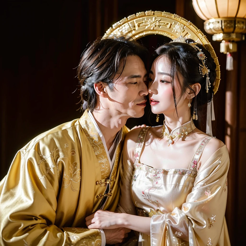 ((Highest quality)), ((masterpiece)), (detailed), (Perfect Face)、The woman is wearing a gorgeous, glittering Hanfu with gold embroidery and trim.、The woman and the middle-aged Chinese man embrace each other, kiss each other in vows, and are happily married at a luxurious Chinese wedding venue.