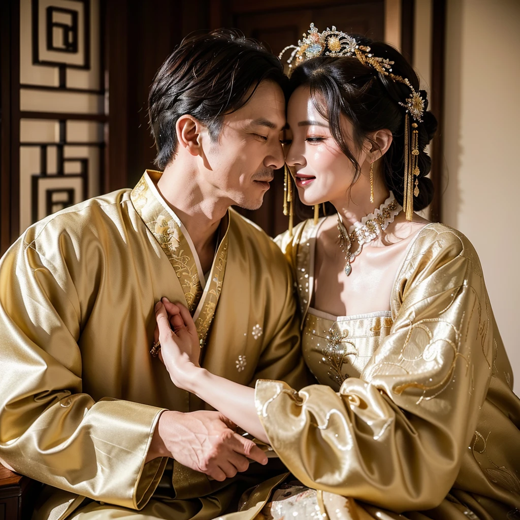 ((Highest quality)), ((masterpiece)), (detailed), (Perfect Face)、The woman is wearing a gorgeous, glittering Hanfu with gold embroidery and trim.、The woman and the middle-aged Chinese man embrace each other, kiss each other in vows, and are happily married at a luxurious Chinese wedding venue.