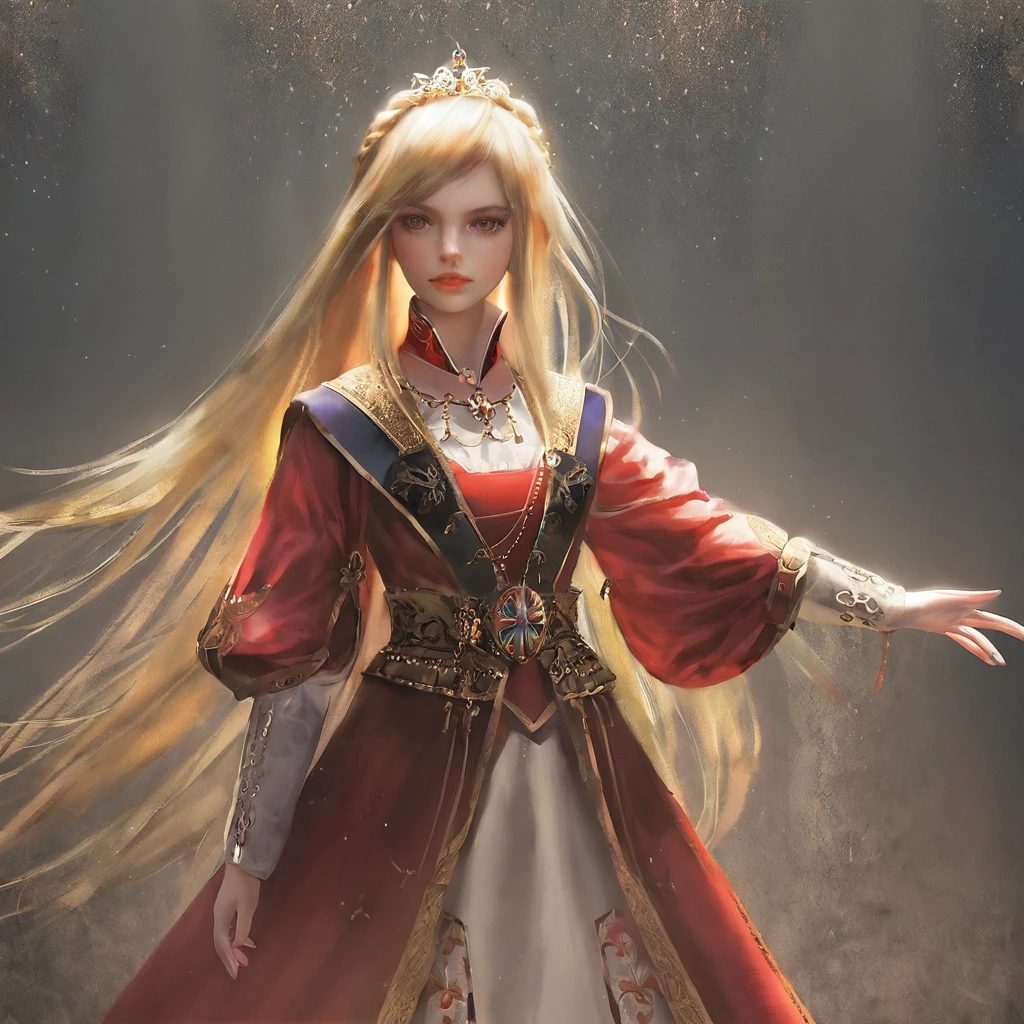 score_9, score_8_up, score_7_up, score_6_up, score_5_up, score_4_up, A blonde girl standing, royal clothes, anime painting, no tiara, loose long hair, black background, dramatic diagonal lighting, painterly, realistic painting, soft feature, detailed clothes, detailed, rembrandt lighting, artwork of upper body
