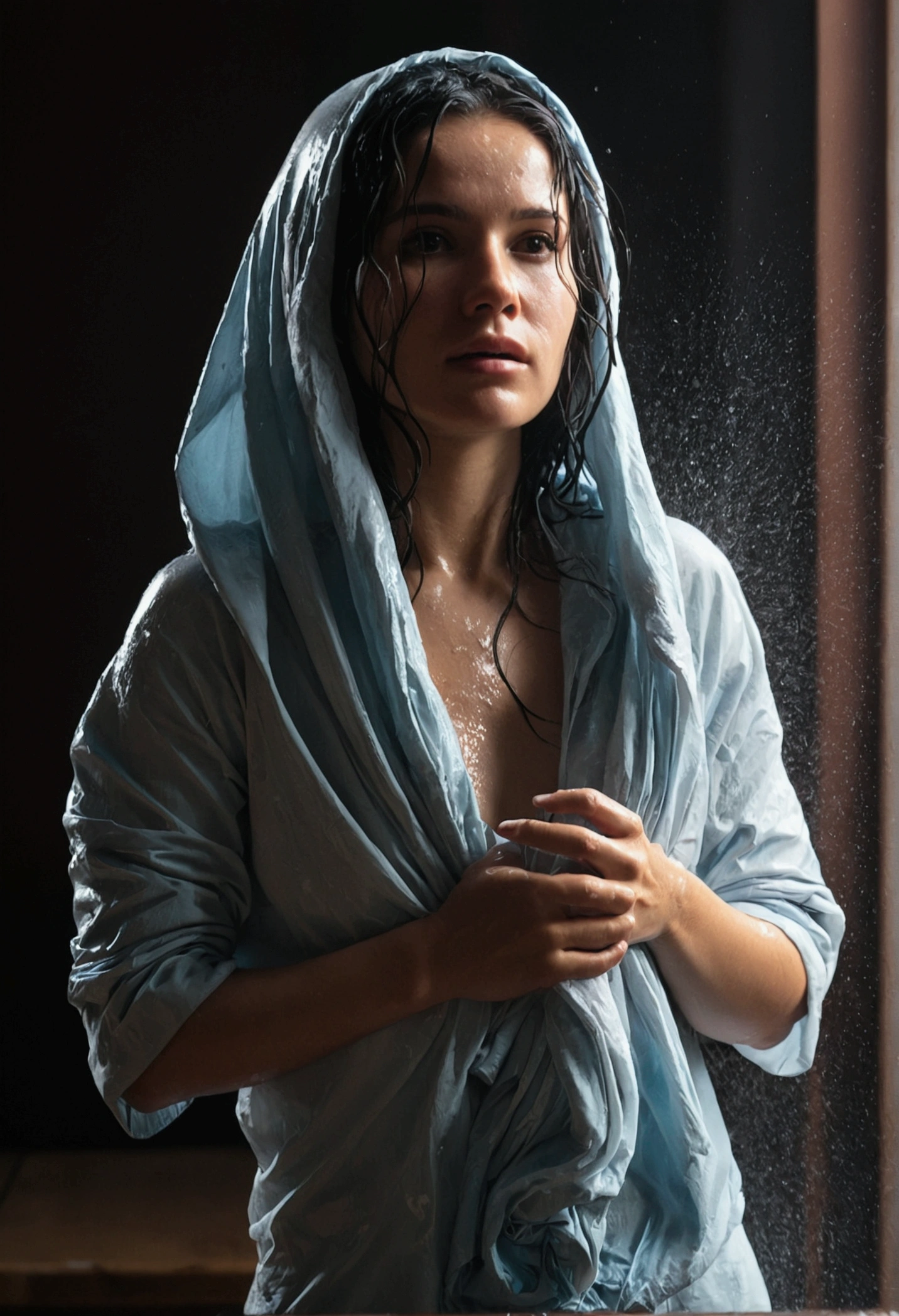 Best image quality, ​masterpiece, Ultra high resolution, (fidelity :1.4), photoshot, 1 girl,[(sadness)],White shirt, dark, dark, desperate, compassionate, pitiful, filmic,tear,teardrop,(Torn clothing:1.5), (Wet Clothing:1.4), bare shoulders,real rain,wet hair,..