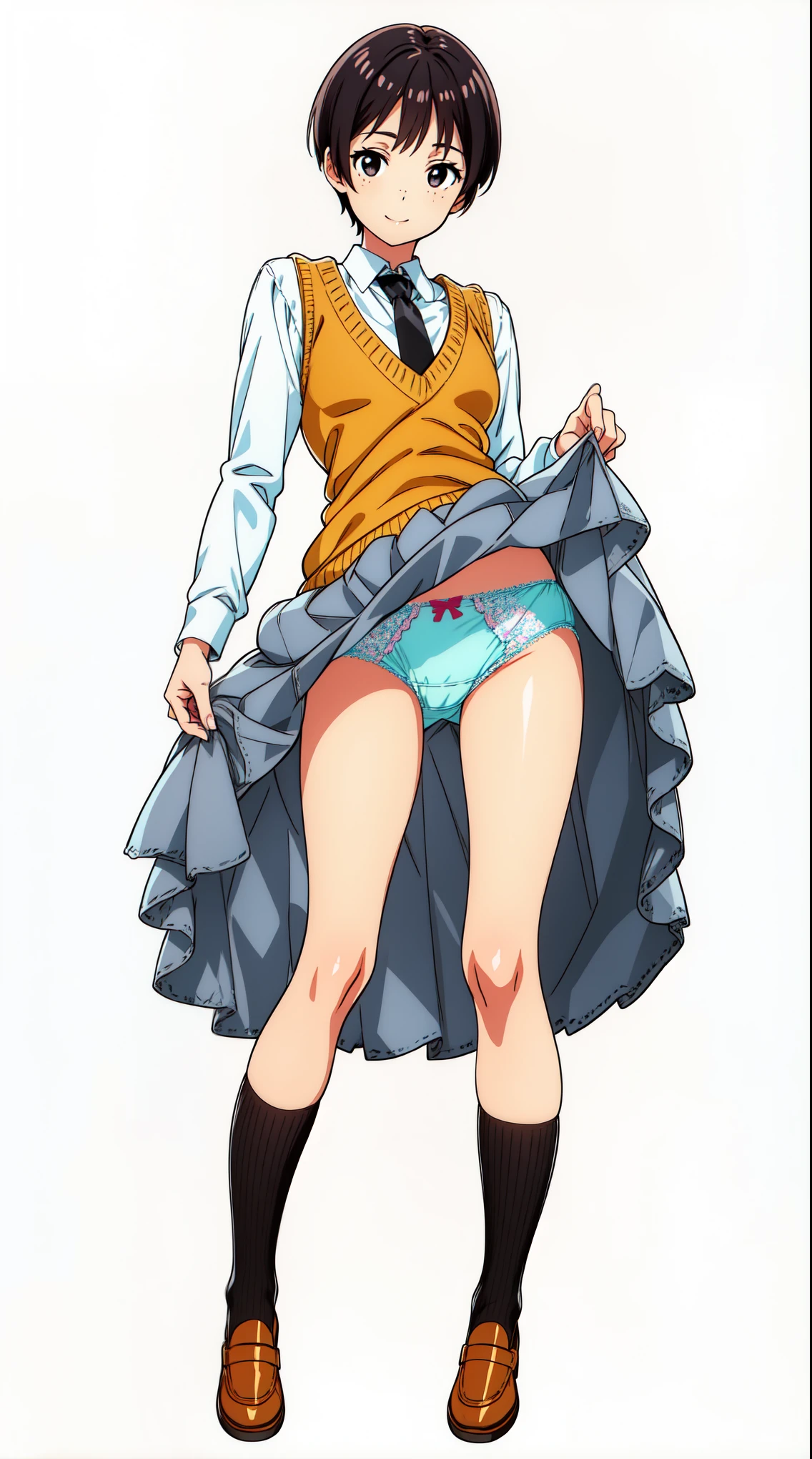 (white background:1.0), (best quality:1.0), (masterpiece:1.0), (super fine illustration:1.0), (beautiful artwork:1.0), (anime screencap:1.0), (official art:1.0), (lift up one's skirt:1.0), (detailed cotton panties:1.5), (solo:1.0), (a 20yo cute girl:1.0), (long skirt:1.0), (gray skirt:1.0), (pleated skirt:1.0), (khaki knit vest:1.0), (white long sleeve collared shirt:1.0), (dark blue necktie:1.0), (loafers:1.0), (black socks:1.0), (ideal ratio body proportions:1.0), (lanky:1.0), (tall:1.0), (slender:1.0), (small breasts:1.0), (smaller face:1.0), (freckles:1.0), (cheerful:1.0), (detailed beautiful eyes:1.0), (detailed beautiful face:1.0), (glowing black eyes:1.0), (very short hair:1.0), (swept bangs:1.0), (black hair:1.0), (standing:1.0), (looking at viewer:1.5)