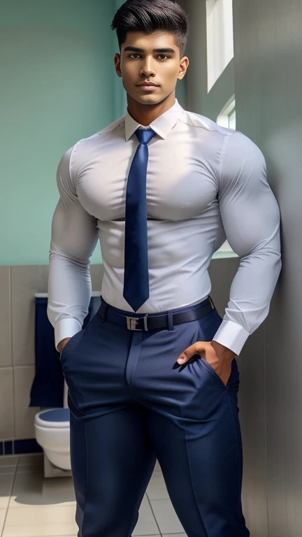 18 years old sri lankan school boy with small beard mascular dark skin jaat with spiky hairstyle in , head to thighs, indian school boy, beautiful eyes, large lips, volumeric light, wearing opened white shirt with tight-fitting underwear and navy tie , huge bulge, muscular chest, long legs, left neck look, Wide shoulders, nice detailed hands, standing and doing pee in school toilet wirh spread legs background, sunny day, daylight, His perfect( big huge bulge) is (coming out) of his pant,masterpieces