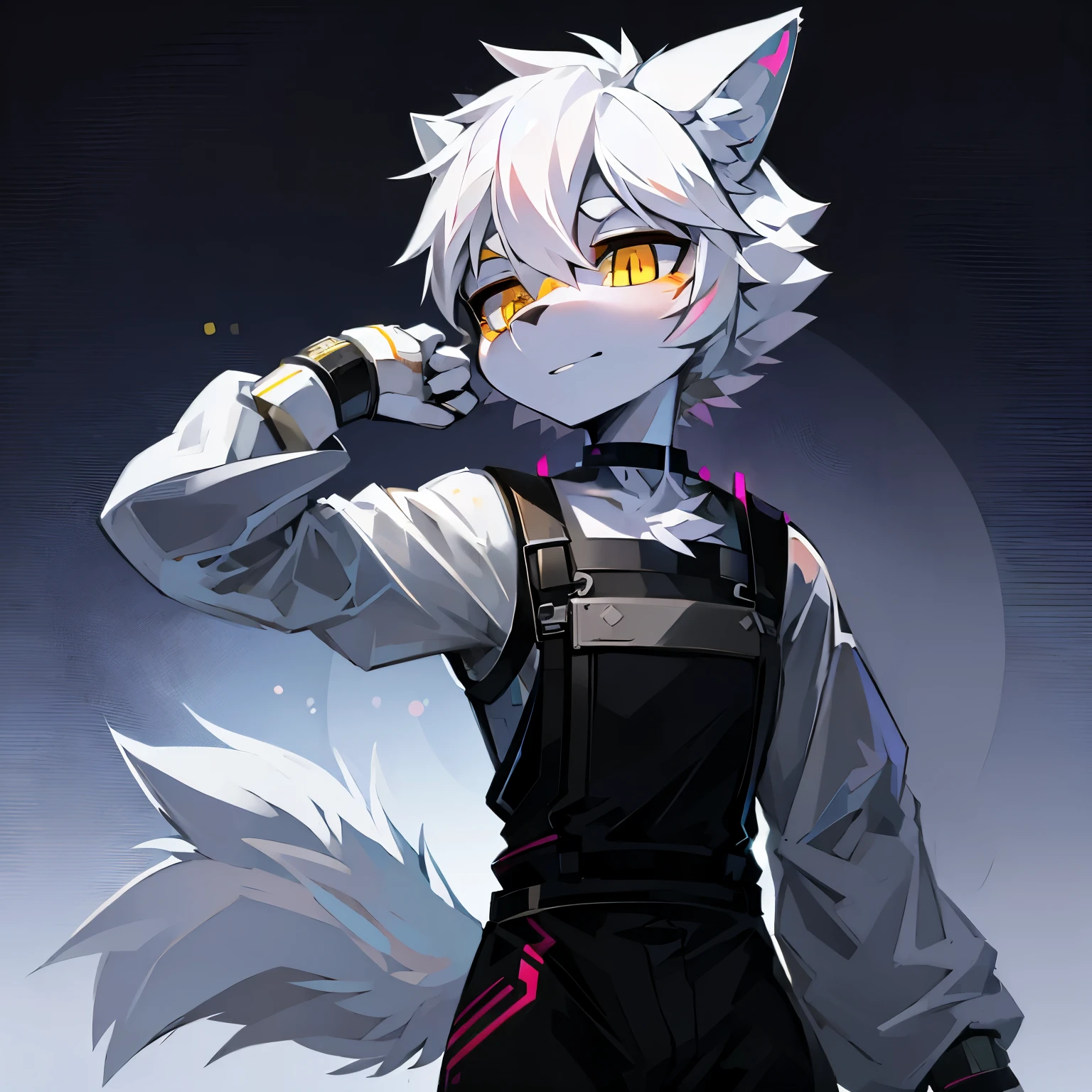 cyber punk perssonage,epcot,Tech style,solo person,White body,White ears,White hair,Overall white,Orange-yellow eyes,Wolf tail,Wolf orcs,Young,Wear a short-sleeved shirt,Ultra-clear screen,Soft lines