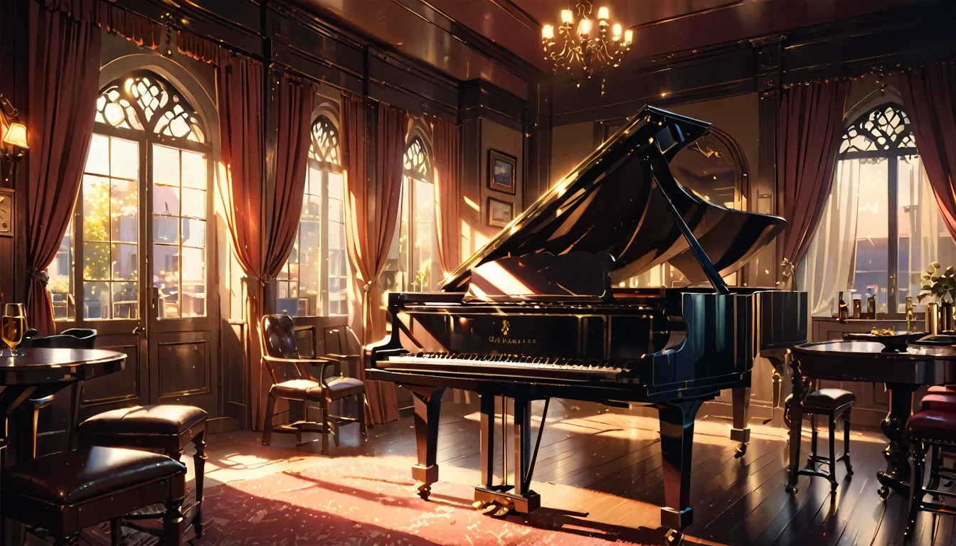 intricate irish pub,grand piano,studio ghibli style,chiaroscuro lighting,dramatic lighting,warm color palette,(best quality,4k,8k,highres,masterpiece:1.2),ultra-detailed,(realistic,photorealistic,photo-realistic:1.37),cinematic,dramatic night time