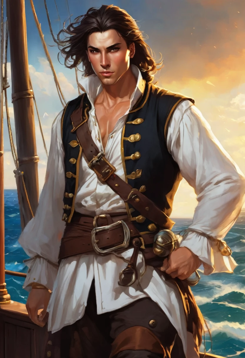 A young pirate with a muscular build and tanned fair skin. Strikingly white short hair fluttering in the wind. Beautiful young pleasant face. he is wearing a pirate costume, consists of a white shirt with rolled up sleeves., dark brown vest, decorated with gold buttons and shoulder straps, and dark brown trousers. Он also wears a brown leather belt with various pouches and sword sheaths.. Он has nice high boots on his feet. Он stands on the deck of a pirate ship at the helm. Lightning flashes and thunder rumbles behind.