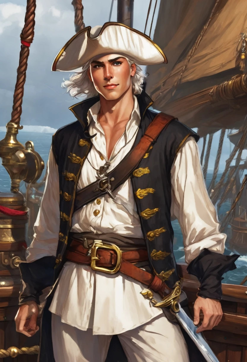 A young pirate with a muscular build and tanned fair skin. Strikingly white short hair fluttering in the wind. Beautiful young pleasant face. he is wearing a pirate costume, consists of a white shirt with rolled up sleeves., dark brown vest, decorated with gold buttons and shoulder straps, and dark brown trousers. Он also wears a brown leather belt with various pouches and sword sheaths.. Он has nice high boots on his feet. Он stands on the deck of a pirate ship at the helm. Lightning flashes and thunder rumbles behind.