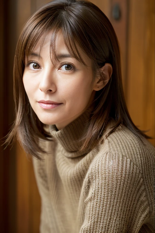 (High reality photograph, high resolusion, detailed face, detailed eyes) Skinny Japanese lady, 40 years old, cute face, solo:1, lovely body, skinny figure, small breasts, thin chests, emphasizing very skinny waist, a turtleneck sweater waist-up photo