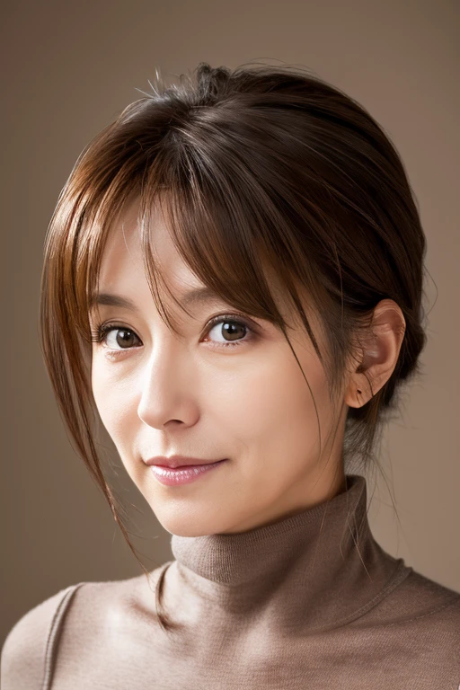 (Highly realistic photos, High resolution, Detailed face, Detailed eyes) Skinny Japanese woman, 40 years old, Cute Face, alone:1, Thin body type, Tight turtleneck sweater, Waist up photo
