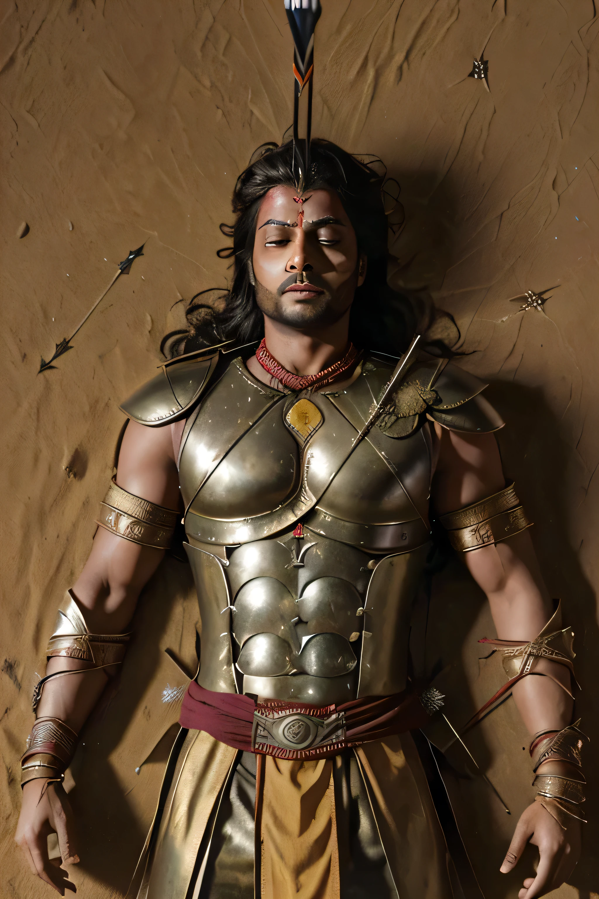 In the ((battlefield ))of ((Mahabharat)) ((ancient man warrior karna)) in ((warrior suit)), helpless , got killed ,((one arrow has been shot on his neck)) ,((dying on the battlefield of kurukshetra)), where all over blood stains are there, his body is bleeding all over by the shot of arrows Arrow ((death scene )) with close eyes , lay down on the battlefield