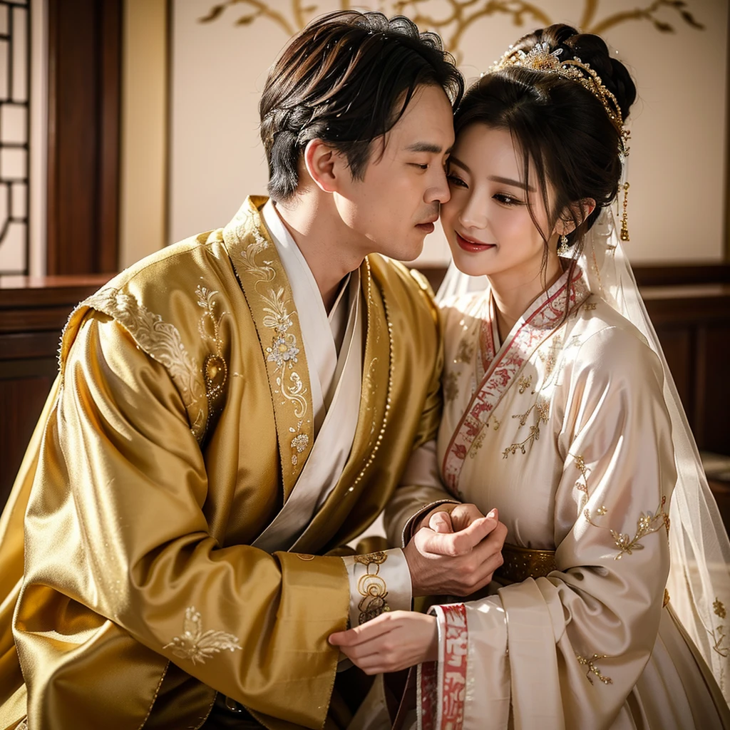 ((Highest quality)), ((masterpiece)), (detailed), （Perfect Face）、The woman is wearing a gorgeous, glittering Hanfu with gold embroidery and trim, and an engagement ring.、The woman and the middle-aged Chinese man embrace each other, kiss each other in vows, and are happily married at a luxurious Chinese wedding venue.