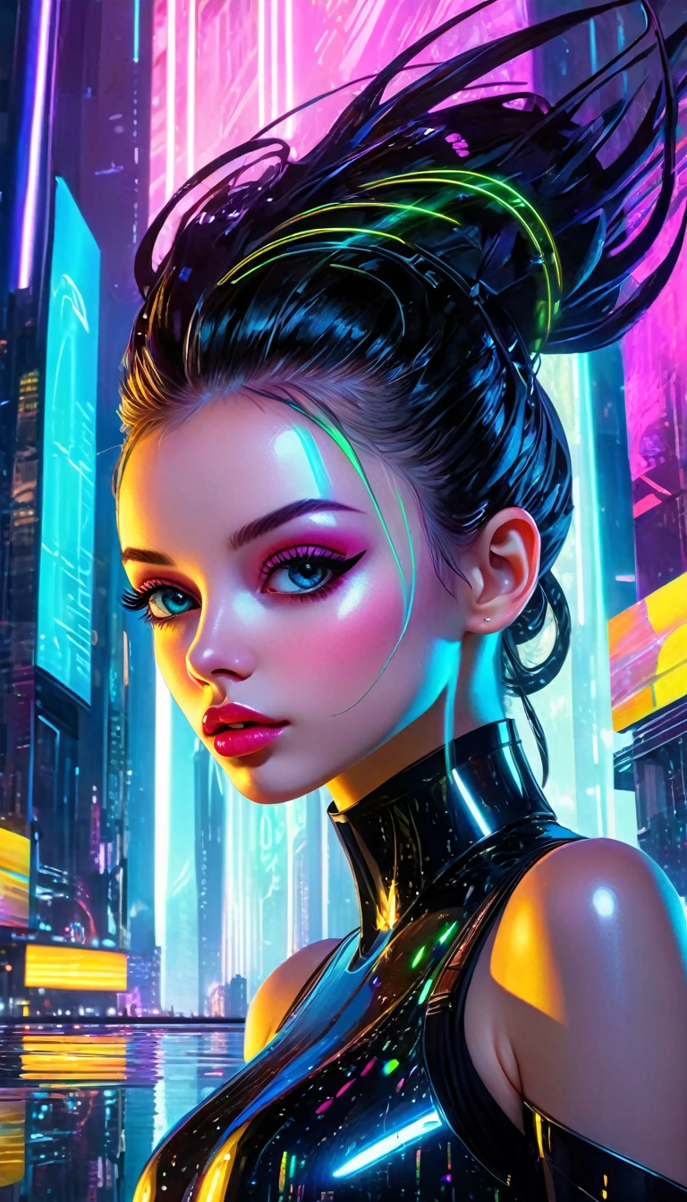 a futuristic surreal impressionist world, 1girl, beautiful detailed eyes, beautiful detailed lips, extremely detailed face, long eyelashes, elegant pose, dramatic lighting, glowing cyberpunk cityscape, floating architecture, neon lights, holographic displays, reflective chrome surfaces, vibrant color palette, cinematic composition, (best quality,4k,8k,highres,masterpiece:1.2),ultra-detailed,(realistic,photorealistic,photo-realistic:1.37)
