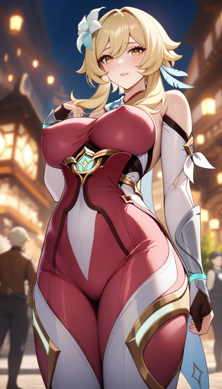masterpiece, best quality, very aesthetic, absurdres, 1girl, mature_lady,pink_bodysuit,red_bodysuit,covered_nipple,,lumine_(genshin_impact), genshin_impact, blonde_hair, short_hair_with_long_locks, sidelocks, yellow_eyes, hair_flower, hair_ornament, flower, white_flower,,in a plaza,blur background,background defocus,from below