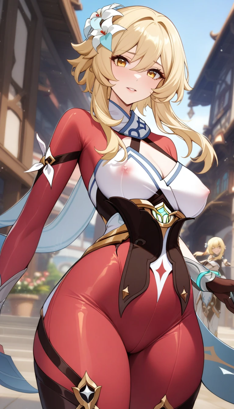 masterpiece, best quality, very aesthetic, absurdres, 1girl, mature_lady,pink_bodysuit,red_bodysuit,covered_nipple,,lumine_(genshin_impact), genshin_impact, blonde_hair, short_hair_with_long_locks, sidelocks, yellow_eyes, hair_flower, hair_ornament, flower, white_flower,,in a plaza,blur background,background defocus,from below