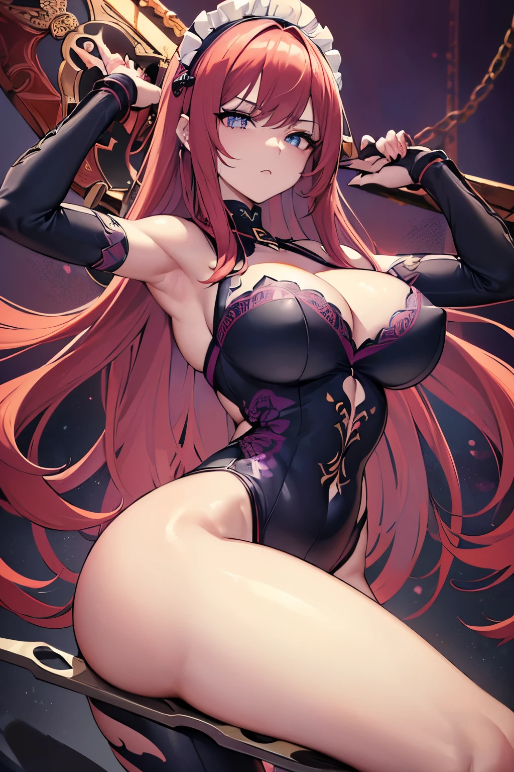 (Hyper realistic), (highest detailed), (masterpiece), (best quality), (high resolution), (sharp focused), (wallpaper), (intricate detail), (highest quality), (woman in cyber style bodysuit:1.2), (designer of maid clothes:1.1), (sword in both hands:1.2), (held a sword:1.2), (detailed sword:1.2), wears (red goggles:1.1), (chainsaw motif depicted on clothes:1.2), (image colors are bluish-purple and red), (two-tone colored hair:1.2), (detailed face and eyes:1.2), (perfect anatomy), (round breasts), (bubble butt), (wide hips:1.1), (slim waist:1.1), (thick thighs:1.1), (detailed background), (perfect nails:1.1), (detailed hand and finger:1.2), (medium breasts:1.2), (busty), (deep cleavage:1.2), (labia outline:1.3), (hard teat:1.3).