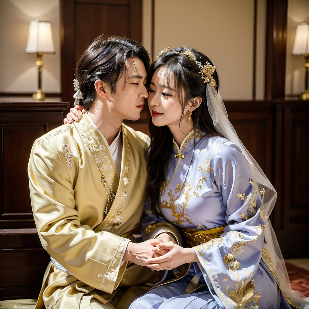 ((Highest quality)), ((masterpiece)), (detailed), （Perfect Face）、The woman is wearing a gorgeous, glittering Hanfu with gold embroidery and trim.、The woman and the middle-aged Chinese man embrace each other, kiss each other in vows, and are happily married at a luxurious Chinese wedding venue.