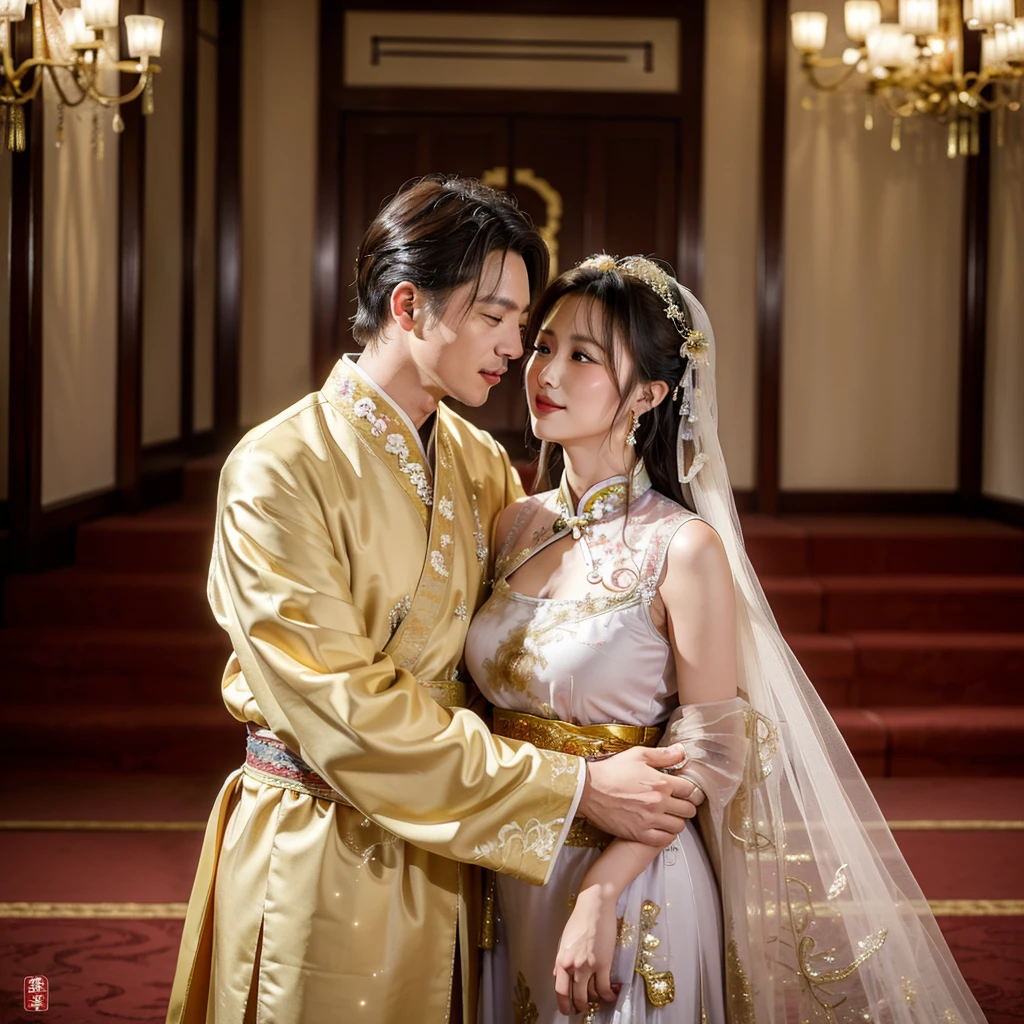 ((Highest quality)), ((masterpiece)), (detailed), （Perfect Face）、The woman is wearing a gorgeous, glittering Hanfu with gold embroidery and trim.、The woman and the middle-aged Chinese man embrace each other, kiss each other in vows, and are happily married at a luxurious Chinese wedding venue.