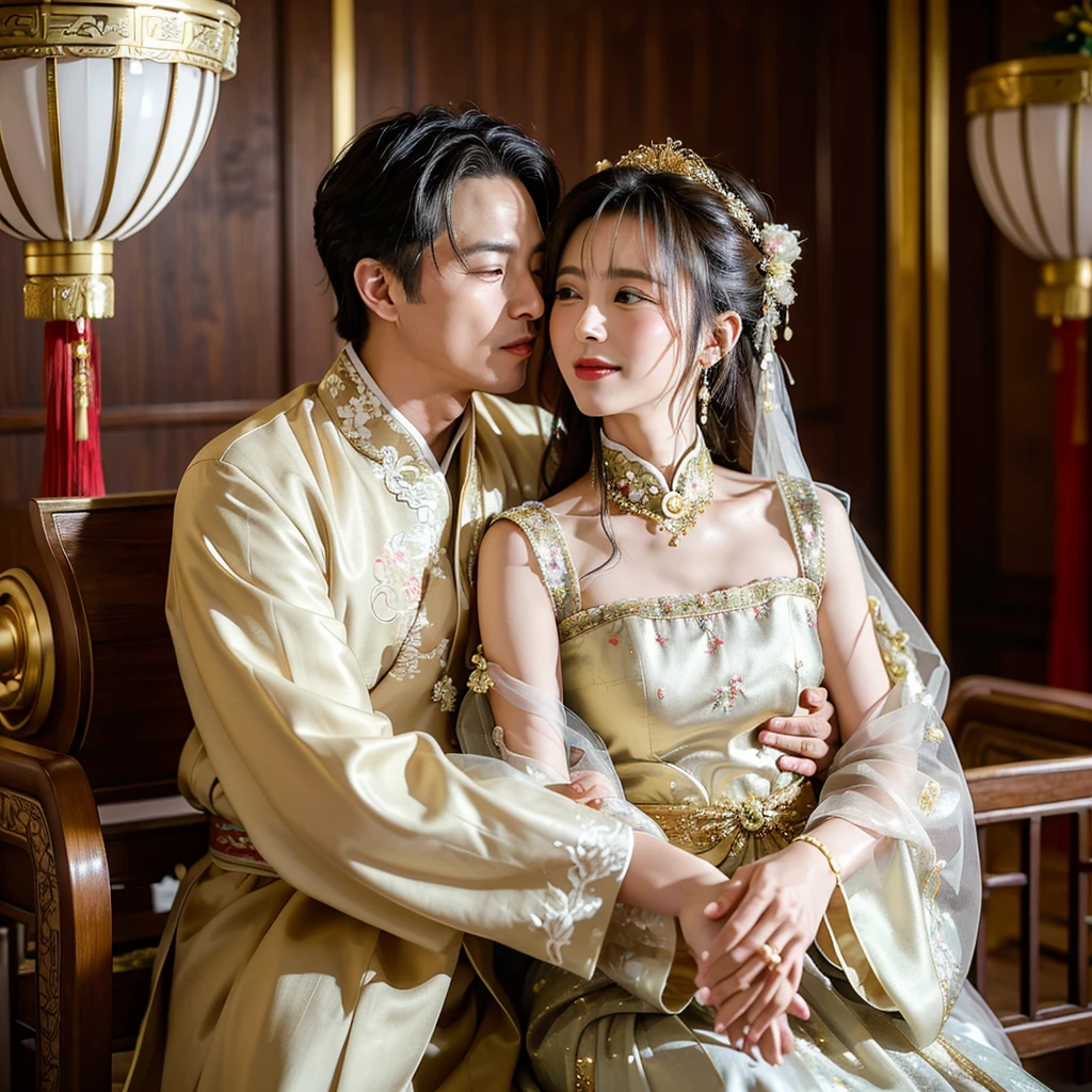 ((Highest quality)), ((masterpiece)), (detailed), （Perfect Face）、The woman is wearing a gorgeous, glittering Hanfu with gold embroidery and trim.、The woman and the middle-aged Chinese man embrace each other, kiss each other in vows, and are happily married at a luxurious Chinese wedding venue.