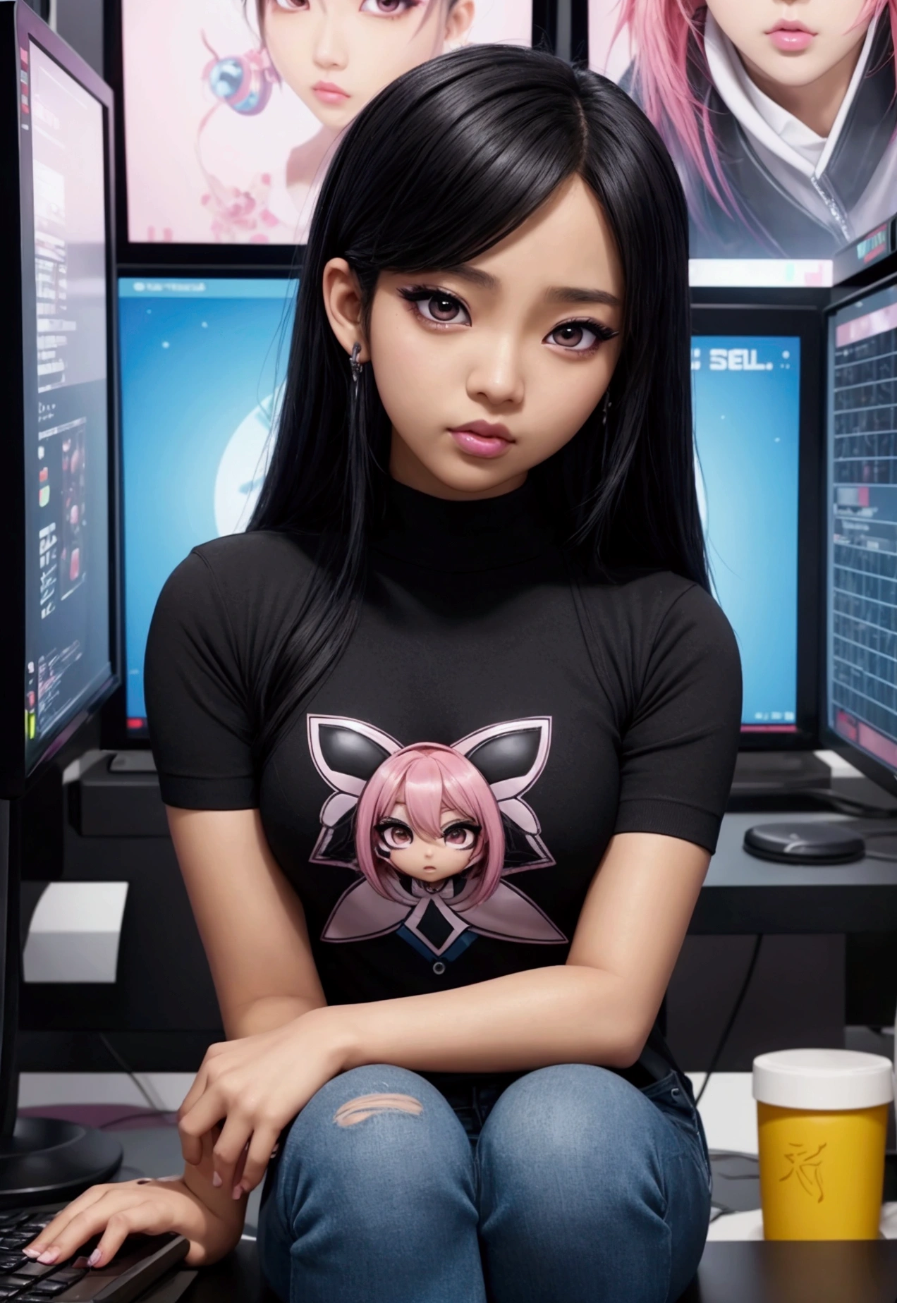 The character costume is KPOP, Hallyu, K-pop anime art style, Hallyu frontline style, Hallyu art style, kpop style, official artwork, Chibi art, Pisif, Blackpink style, cute. KPOP artwork in sitting position, The popularity of Pisif art station, chibi, No watermark, Extra close-fitting jean, , roundneck top,style clothing cyberpunk, close up angle, black hair,brown skin siiting in front of a computer trading