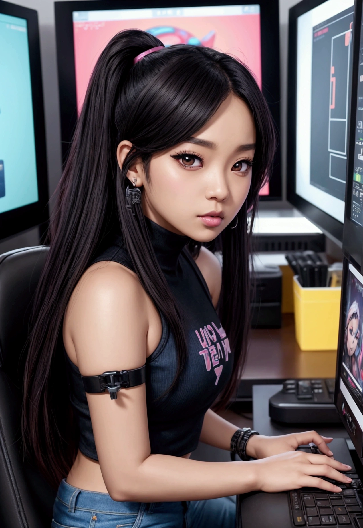 The character costume is KPOP, Hallyu, K-pop anime art style, Hallyu frontline style, Hallyu art style, kpop style, official artwork, Chibi art, Pisif, Blackpink style, cute. KPOP artwork in sitting position, The popularity of Pisif art station, 16 year old chibi, No watermark, Extra close-fitting jean, , roundneck top,style clothing cyberpunk, close up angle, black hair,brown skin siiting in front of a computer trading 

